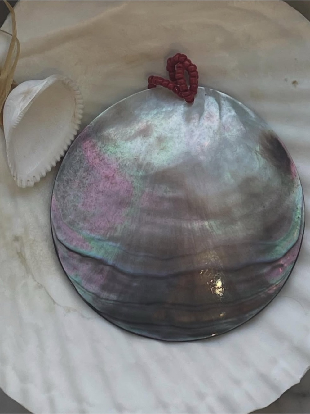 Vintage Iridescent Abalone Shell Pendant with Red Bead Accent